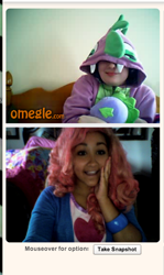 Size: 390x656 | Tagged: safe, pinkie pie, spike, human, equestria girls, blonde, clothes, cosplay, hoodie, irl, irl human, jacket, omegle, online, photo, pink, spike hoodie