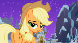 Size: 1280x720 | Tagged: safe, artist:pieski, applejack, earth pony, pony, bedroom eyes, christmas, looking at you, snow, snowfall, solo, winter