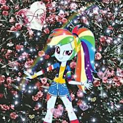 Size: 1773x1773 | Tagged: safe, artist:ilaria122, derpibooru import, edit, rainbow dash, better together, equestria girls, flower, leak, rainbow, solo