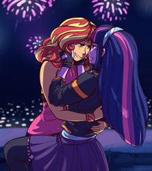 Size: 2400x2700 | Tagged: safe, artist:overlordneon, sunset shimmer, twilight sparkle, human, equestria girls, blue hair, city, clothes, duo, female, fingerless gloves, fireworks, gloves, happy new year, happy new year 2018, headband, holiday, humanized, jacket, lesbian, long hair, looking at each other, multicolored hair, night, outdoors, pink hair, purple hair, red hair, shipping, skirt, smiling, sunsetsparkle, yellow hair