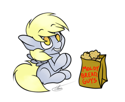 Size: 972x792 | Tagged: safe, artist:ethaes, derpy hooves, pegasus, pony, cute, female, food, homestar runner, mare, muffin, paper bag, simple background, solo, transparent background