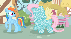 Size: 687x382 | Tagged: safe, artist:scintillant-h, derpibooru import, fluttershy, rainbow dash, pegasus, pony, bubble wrap, female, ponyville