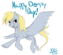 Size: 1600x1400 | Tagged: safe, artist:thethunderpony, derpy hooves, pegasus, pony, female, flat colors, flying, happy, mare, simple background, smiling, solo, white background