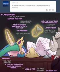 Size: 1400x1670 | Tagged: safe, artist:dracojayproduct, princess celestia, oc, oc:reginald, alicorn, pony, ask the lie cast, drool, drunk, drunklestia, glass, levitation, magic, open mouth, telekinesis