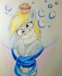 Size: 587x719 | Tagged: safe, artist:elusiveautumn, derpy hooves, pegasus, pony, bubble, female, food, letter, mailbag, mare, mouth hold, muffin, solo, traditional art