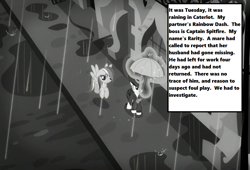 Size: 1056x720 | Tagged: safe, derpibooru import, edit, edited screencap, screencap, rainbow dash, rarity, pegasus, pony, unicorn, rarity investigates, season 5, canterlot, clothes, crossover, dragnet, hat, implied death, implied murder, implied spitfire, joe friday, noir, puddles, rain, text, trenchcoat, umbrella, wet mane