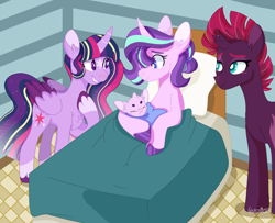 Size: 1024x830 | Tagged: safe, artist:leviostars, fizzlepop berrytwist, starlight glimmer, tempest shadow, twilight sparkle, twilight sparkle (alicorn), oc, oc:twilight tracker, alicorn, pony, unicorn, baby, baby pony, bed, blushing, broken horn, chest fluff, colored hooves, colored wings, colored wingtips, curved horn, cute, cutie mark, ear fluff, eye scar, eyes closed, female, foal, folded wings, frown, grin, hair over one eye, hoof on chest, horn, hospital, lesbian, lidded eyes, looking down, magical lesbian spawn, male, mare, newborn, ocbetes, offspring, parent:starlight glimmer, parent:tempest shadow, parents:tempestglimmer, rainbow power, scar, shipping, sleeping, smiling, star (coat marking), tempestglimmer, wings