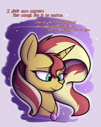 Size: 1200x1500 | Tagged: safe, artist:heir-of-rick, part of a set, sunset shimmer, pony, unicorn, bust, comic, depression, dialogue, female, geode of sugar bombs, jewelry, mare, necklace, solo