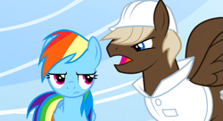 Size: 1099x597 | Tagged: safe, derpibooru import, screencap, dumbbell, rainbow dash, pegasus, pony, sonic rainboom (episode), annoyed, bully, duo, female, male, mare, stallion, weather factory uniform