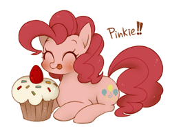 Size: 931x696 | Tagged: safe, artist:umeguru, pinkie pie, earth pony, pony, :p, cupcake, cute, diapinkes, eyes closed, solo, tongue out