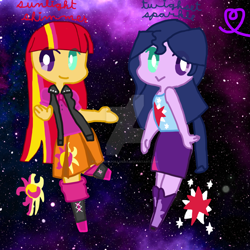Size: 1024x1024 | Tagged: safe, artist:starryapollo5341, sunset shimmer, twilight sparkle, oc, equestria girls, base used, female, magical lesbian spawn, mismatched eyes, offspring, parent:sunset shimmer, parent:twilight sparkle, parents:sunsetsparkle, sisters, smiling, what has science done