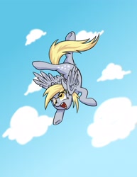 Size: 3400x4400 | Tagged: safe, artist:grandpalove, derpy hooves, pegasus, pony, active stretch, backbend, contortionist, female, flexible, flying, mare, sky, solo