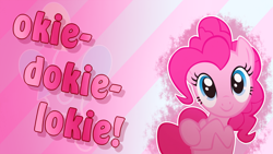 Size: 1920x1080 | Tagged: safe, artist:joolzanfire, artist:saturdaymorningproj, pinkie pie, earth pony, pony, cute, cutie mark, looking at you, okie doki loki, quote, smiling, solo, vector, wallpaper