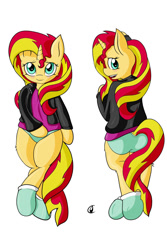 Size: 720x1080 | Tagged: artist needed, safe, sunset shimmer, pony, unicorn, adorasexy, blue underwear, body pillow, body pillow design, clothes, cute, female, missing cutie mark, panties, plot, sexy, socks, solo, underwear