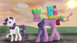 Size: 3264x1840 | Tagged: safe, artist:slytherinakatsuki, rarity, spike, dragon, pony, unicorn, bag, bedroom eyes, blushing, clothes, eyes on the prize, female, male, outdoors, pregnant, raised hoof, scarf, shipping, shopping, smiling, sparity, straight, walking