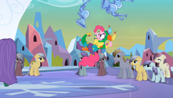 Size: 1365x768 | Tagged: safe, screencap, check mate, elbow grease, fleur de verre, paradise (crystal pony), pinkie pie, sapphire joy, winnow wind, crystal pony, earth pony, pony, the crystal empire, background pony, female, flugelhorn, male, mare, stallion