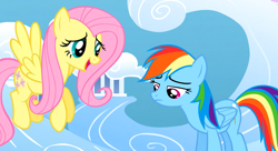 Size: 1099x597 | Tagged: safe, derpibooru import, screencap, fluttershy, rainbow dash, pegasus, pony, sonic rainboom (episode)