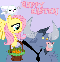 Size: 840x863 | Tagged: safe, artist:creepycurse, angel bunny, fluttershy, iron will, pegasus, pony, easter