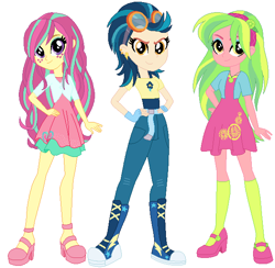 Size: 603x589 | Tagged: safe, artist:sarahgdo, indigo zap, lemon zest, sour sweet, equestria girls, alternate universe, boots, clothes, female, hand on hip, high heel boots, shoes, socks, trio