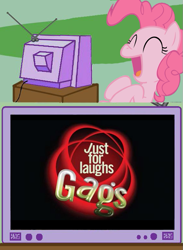 Size: 563x770 | Tagged: safe, pinkie pie, earth pony, pony, exploitable meme, just for laughs, laughing, logo, meme, obligatory pony, tv meme