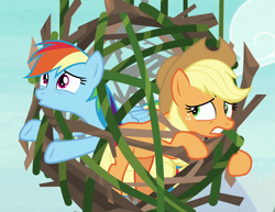 Size: 1396x1079 | Tagged: safe, derpibooru import, screencap, applejack, rainbow dash, earth pony, pegasus, pony, non-compete clause, branches, cropped, duo, female, gritted teeth, mare, tied up, trapped, vine