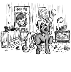 Size: 986x1000 | Tagged: safe, artist:masterjosh140, pinkie pie, oc, oc:silver bell, earth pony, pony, fallout equestria, balloon, black and white, broken horn, fanfic, fanfic art, female, filly, forever, grayscale, hooves, horn, looking at you, mare, ministry mares, ministry of morale, monochrome, pinkie pie is watching you, poster, propaganda, smiling, solo, text