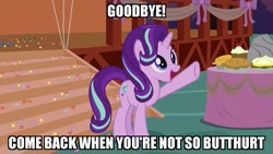 Size: 1280x720 | Tagged: safe, edit, edited screencap, screencap, starlight glimmer, pony, unicorn, the maud couple, balloon, butthurt, caption, decoration, female, food, goodbye, hater, hooves, image macro, mare, meme, party, pie, reaction image, ribbon, streamers, waving