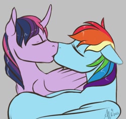 Size: 1280x1210 | Tagged: safe, artist:fairdahlia, derpibooru import, rainbow dash, twilight sparkle, twilight sparkle (alicorn), alicorn, pegasus, pony, eyes closed, female, kissing, lesbian, shipping, twidash