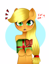 Size: 3000x3900 | Tagged: safe, artist:kyuniko, applejack, earth pony, pony, bronybait, hatless, hoof hold, missing accessory, present, solo