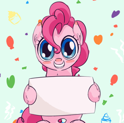 Size: 892x880 | Tagged: safe, artist:a6p, pinkie pie, earth pony, pony, blushing, exploitable, grin, hoof hold, looking at you, sign, sitting, smiling, solo, template