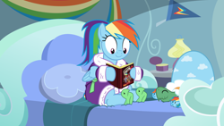 Size: 1024x576 | Tagged: safe, artist:phucknuckl, derpibooru import, rainbow dash, tank, pegasus, pony, tanks for the memories, alternate hairstyle, bathrobe, bed, book, clothes, cute, dashabetes, dashie slippers, inkscape, ponytail, reading, robe, slippers, tank slippers, vector