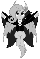 Size: 4100x6000 | Tagged: safe, artist:magister39, fluttershy, bat pony, pony, undead, vampire, vampony, bats!, absurd resolution, bat ponified, cape, clothes, fangs, flutterbat, monochrome, outfit, race swap, retro, simple background, solo, transparent background, vector