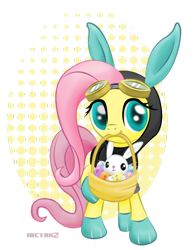 Size: 600x765 | Tagged: safe, artist:metax-z, angel bunny, fluttershy, pegasus, pony, basket, bunny ears, clothes, cute, dangerous mission outfit, easter, easter basket, easter egg, egg, female, holiday, looking at you, mare, smiling