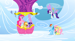 Size: 1099x597 | Tagged: safe, derpibooru import, screencap, applejack, fluttershy, pinkie pie, rainbow dash, rarity, twilight sparkle, earth pony, pegasus, pony, unicorn, sonic rainboom (episode), hot air balloon, mane six, twinkling balloon