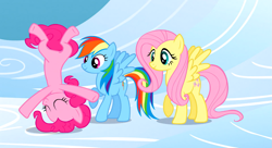 Size: 1099x597 | Tagged: safe, derpibooru import, screencap, fluttershy, pinkie pie, rainbow dash, earth pony, pegasus, pony, sonic rainboom (episode)