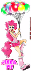 Size: 1489x3383 | Tagged: safe, artist:ryured, pinkie pie, human, balloon, clothes, humanized, miniskirt, skirt, solo, tailed humanization, then watch her balloons lift her up to the sky