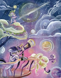 Size: 1180x1504 | Tagged: safe, artist:sararichard, derpibooru import, idw, spike, twilight sparkle, dragon, night, telescope, traditional art