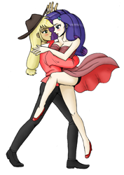 Size: 859x1210 | Tagged: safe, artist:asdf314159265, applejack, rarity, human, dancing, female, humanized, lesbian, light skin, rarijack, shipping, tango