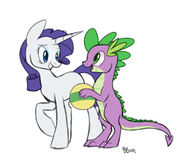 Size: 880x825 | Tagged: safe, artist:bluebrush09, rarity, spike, dragon, pony, unicorn, ball, eye contact, female, grin, male, older, older spike, open mouth, raised hoof, shipping, smiling, sparity, straight