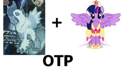 Size: 806x461 | Tagged: safe, derpibooru import, twilight sparkle, twilight sparkle (alicorn), alicorn, pony, absol, clothes, coronation dress, crown, dress, exploitable meme, female, mare, mega absol, mega evolution, otp, pokémon, pokémon x and y, shipping