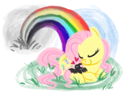 Size: 900x700 | Tagged: safe, artist:katseartist, fluttershy, bird, pegasus, pony, rainbow, solo