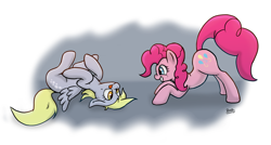 Size: 3739x2000 | Tagged: safe, artist:corsairsedge, derpy hooves, pinkie pie, pegasus, pony, female, mare, on back, tongue out