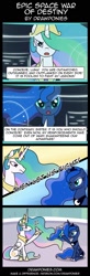 Size: 511x1562 | Tagged: safe, artist:drawponies, princess celestia, princess luna, alicorn, pony, comic, cute, frown, funny, glare, hair over one eye, hoof hold, open mouth, pew pew, playing, smiling, spaceship, toy