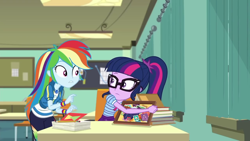 Size: 1280x720 | Tagged: safe, derpibooru import, screencap, rainbow dash, sci-twi, twilight sparkle, better together, equestria girls, the last day of school, book, female, glasses