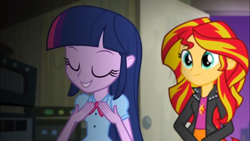 Size: 1366x768 | Tagged: safe, screencap, sunset shimmer, twilight sparkle, human, equestria girls, rainbow rocks, cute, door, eyes closed, grin, night, smiling, twiabetes, warehouse