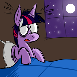 Size: 700x700 | Tagged: safe, artist:karpet-shark, derpibooru import, twilight sparkle, twilight sparkle (alicorn), alicorn, pony, bed, female, mare, moon, night, shocked, solo, stars, twily-daily