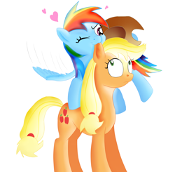 Size: 1734x1701 | Tagged: safe, artist:friendshipishorses, artist:jbond, color edit, derpibooru import, edit, applejack, rainbow dash, earth pony, pegasus, pony, appledash, biting, colored, cowboy hat, ear bite, female, hat, heart, lesbian, painting, shipping, simple background, white background