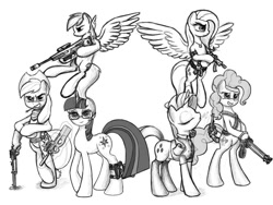 Size: 800x600 | Tagged: safe, artist:1nakir1, derpibooru import, applejack, fluttershy, pinkie pie, rainbow dash, rarity, twilight sparkle, earth pony, pegasus, pony, unicorn, gun, lever action rifle, mane six, minigun, monochrome, p90, revolver, skorpion, skorpion evo 3a1