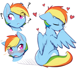 Size: 3000x2686 | Tagged: safe, artist:captainpudgemuffin, derpibooru import, rainbow dash, pegasus, pony, behaving like a cat, blushing, captainpudgemuffin is trying to murder us, cute, dashabetes, explicit source, eye clipping through hair, female, floating heart, floppy ears, grooming, heart, hnnng, licking, looking at you, mare, preening, question mark, simple background, solo, tongue out, white background