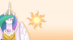 Size: 5760x3237 | Tagged: safe, artist:dracojayproduct, princess celestia, alicorn, pony, mug, solo, sun, wallpaper